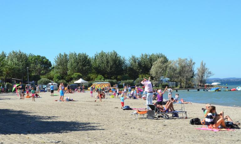 Crowded beach with people relaxing and playing under the sun.