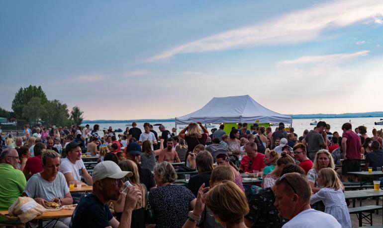 Outdoor-Party am See, glückliche Menschen, lebhafte Atmosphäre.
