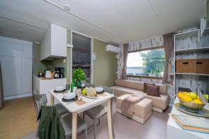 Cozy kitchen-living room with modern furnishings and natural light.