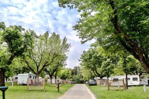 Camping met caravans en groene bomen, centraal pad.