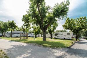 Camping met campers en groene bomen op een zonnige dag.