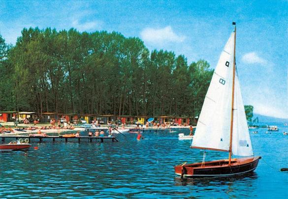 Zeilboten en zwemmers op een meer met huizen en bomen op de achtergrond.