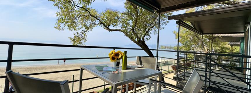 Romantic dinner at sunset with a sea view.